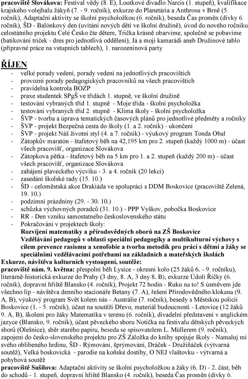 ročník), ŠD - Balónkový den (uvítání nových dětí ve školní družině), úvod do nového ročníku celostátního projektu Celé Česko čte dětem, Trička krásně obarvíme, společně se pobavíme (batikování triček