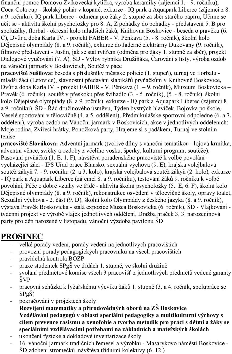 B pro spolužáky, florbal - okresní kolo mladších žáků, Knihovna Boskovice - beseda o pravěku (6. C), Dvůr a doba Karla IV. - projekt FABER - V. Pěnkava (5. - 8.