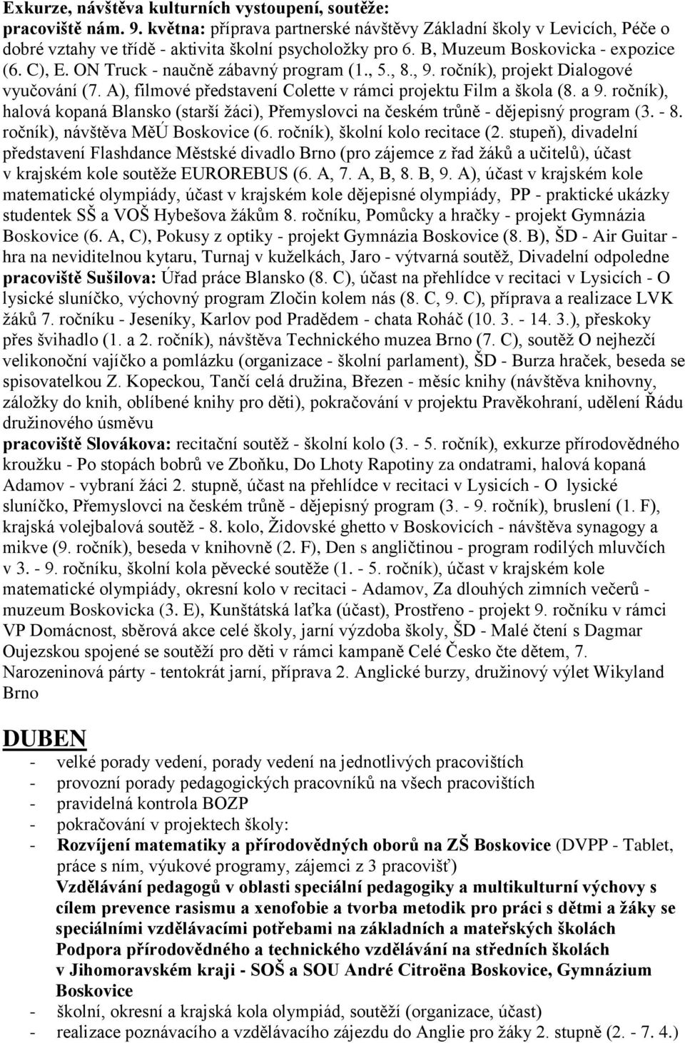 ročník), halová kopaná Blansko (starší žáci), Přemyslovci na českém trůně - dějepisný program (3. - 8. ročník), návštěva MěÚ Boskovice (6. ročník), školní kolo recitace (2.