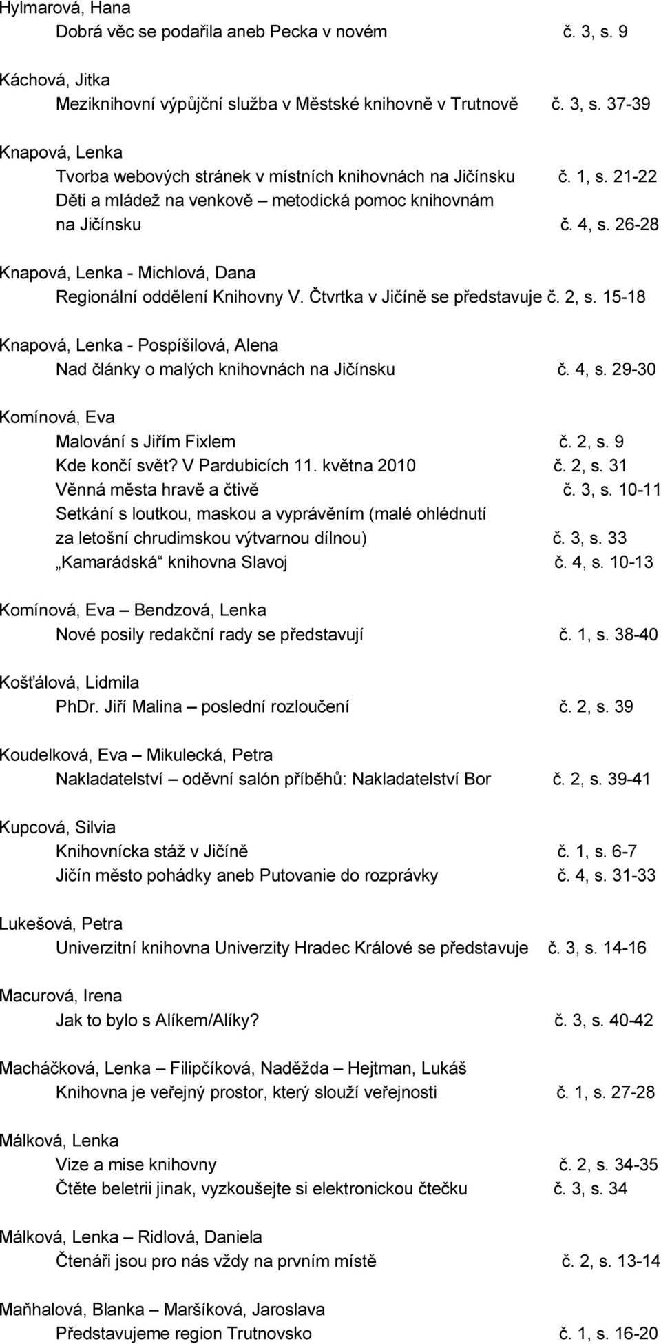 15-18 Knapová, Lenka - Pospíšilová, Alena Nad články o malých knihovnách na Jičínsku č. 4, s. 29-30 Komínová, Eva Malování s Jiřím Fixlem č. 2, s. 9 Kde končí svět? V Pardubicích 11. května 2010 č.