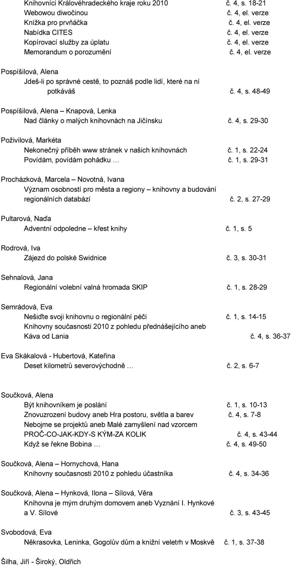 4, s. 48-49 Pospíšilová, Alena Knapová, Lenka Nad články o malých knihovnách na Jičínsku č. 4, s. 29-30 Poživilová, Markéta Nekonečný příběh www stránek v našich knihovnách č. 1, s.