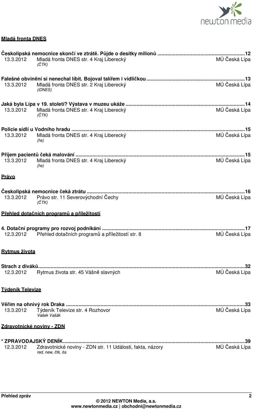 ..15 13.3.2012 Mladá fronta DNES str. 4 Kraj Liberecký MÚ Česká Lípa (hs) Příjem pacientů čeká malování...15 13.3.2012 Mladá fronta DNES str. 4 Kraj Liberecký MÚ Česká Lípa (hs) Právo Českolipská nemocnice čeká ztrátu.