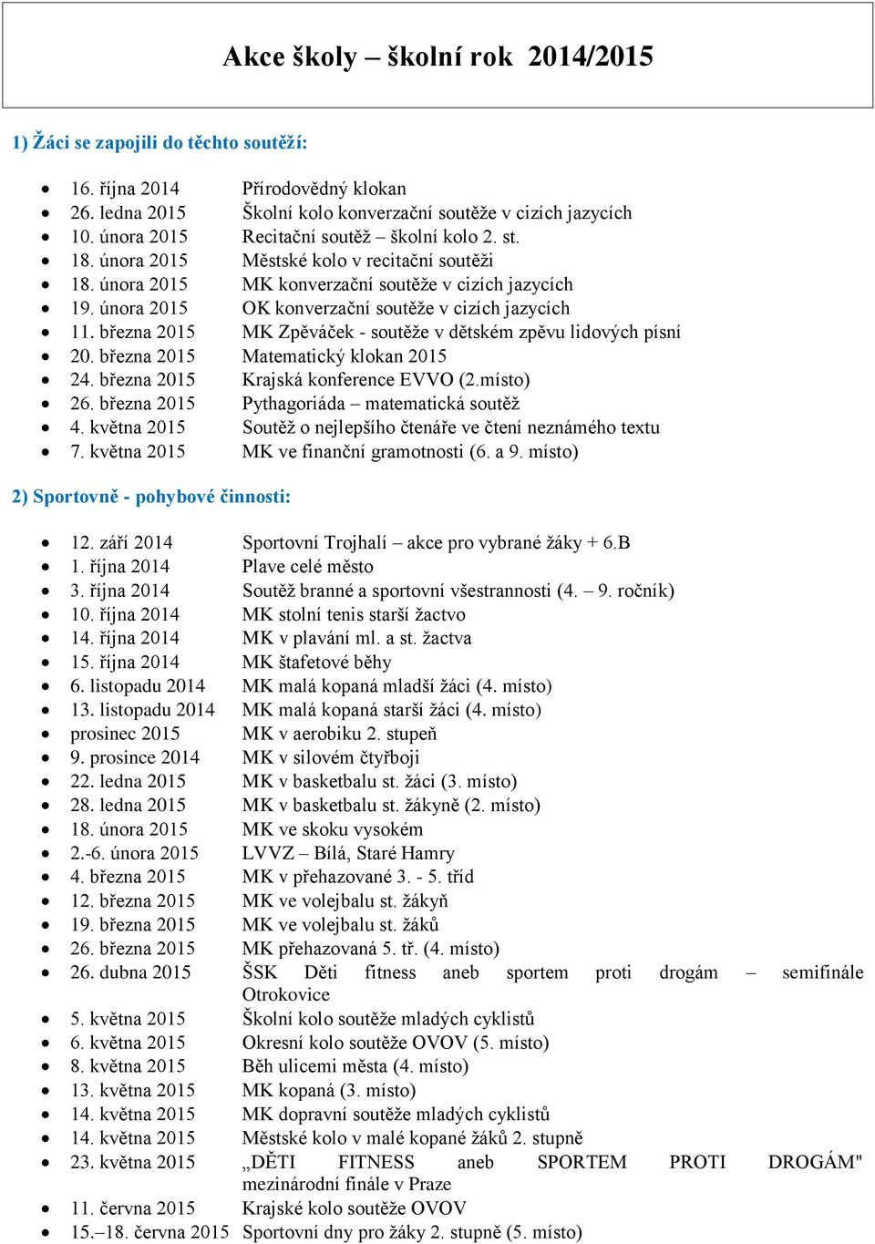 února 2015 OK konverzační soutěže v cizích jazycích 11. března 2015 MK Zpěváček - soutěže v dětském zpěvu lidových písní 20. března 2015 Matematický klokan 2015 24.