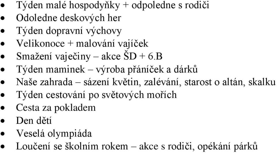 B Týden maminek výroba přáníček a dárků Naše zahrada sázení květin, zalévání, starost o altán,