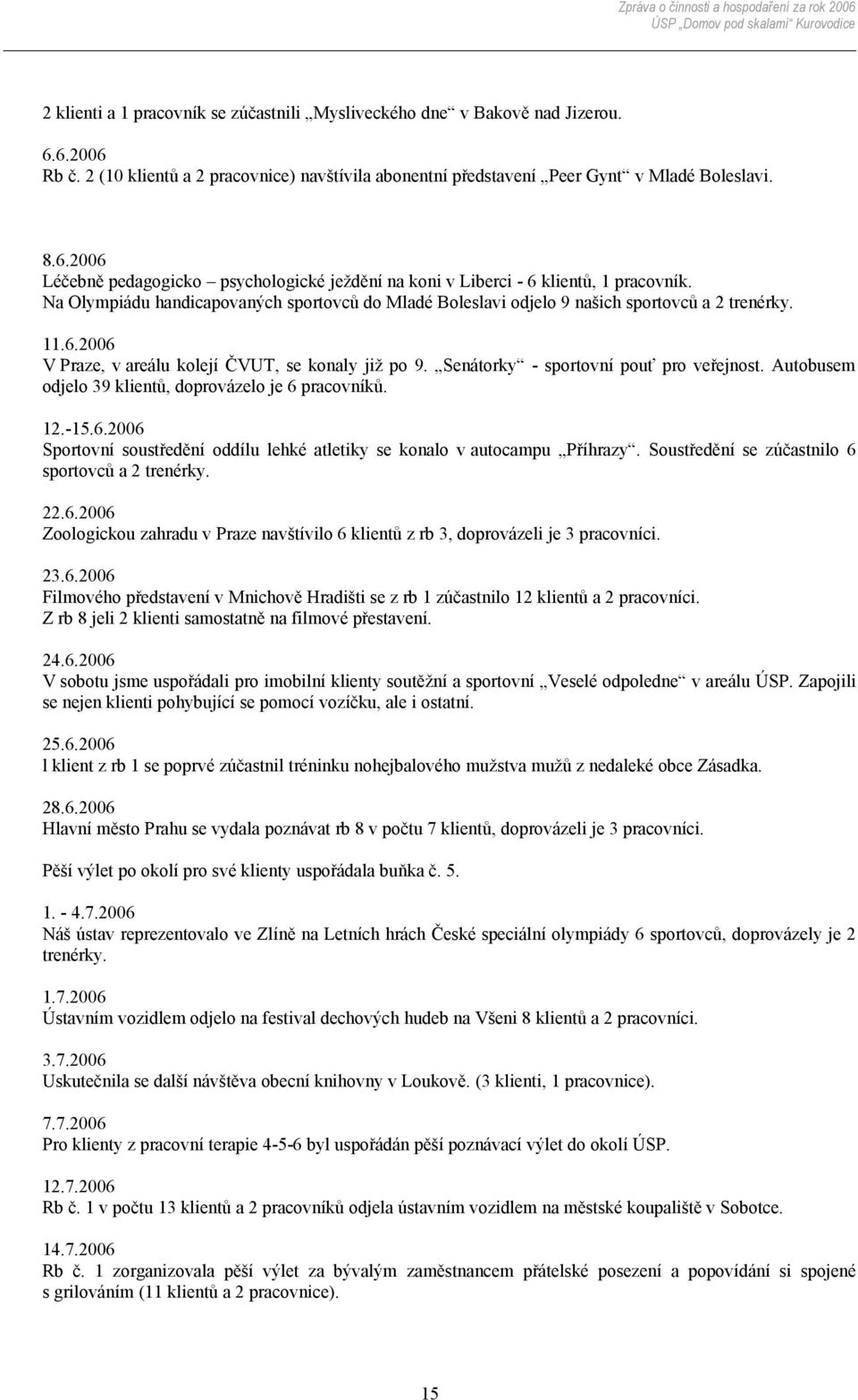 Autobusem odjelo 39 klientů, doprovázelo je 6 pracovníků. 12.-15.6.2006 Sportovní soustředění oddílu lehké atletiky se konalo v autocampu Příhrazy. Soustředění se zúčastnilo 6 sportovců a 2 trenérky.