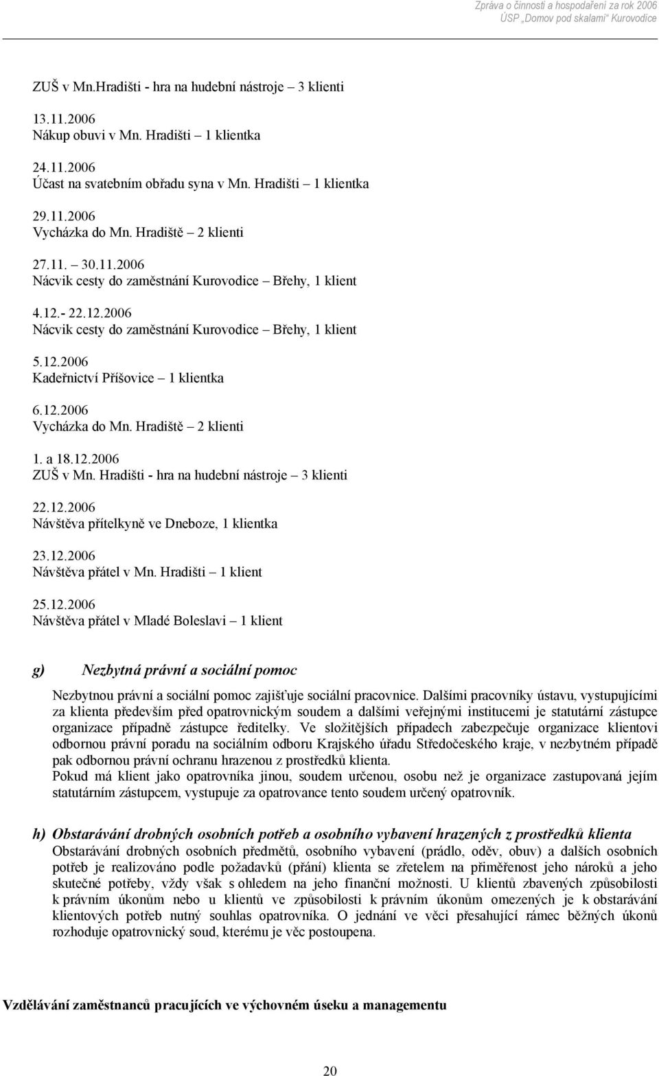 12.2006 Vycházka do Mn. Hradiště 2 klienti 1. a 18.12.2006 ZUŠ v Mn. Hradišti - hra na hudební nástroje 3 klienti 22.12.2006 Návštěva přítelkyně ve Dneboze, 1 klientka 23.12.2006 Návštěva přátel v Mn.