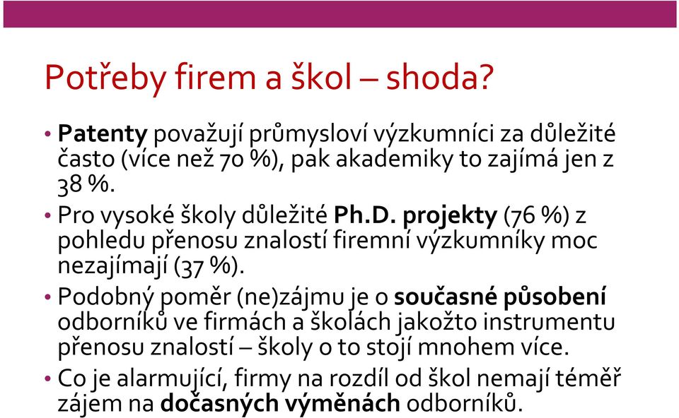 Pro vysoké školy důležité Ph.D. projekty (76 %) z pohledu přenosu znalostí firemní výzkumníky moc nezajímají (37 %).