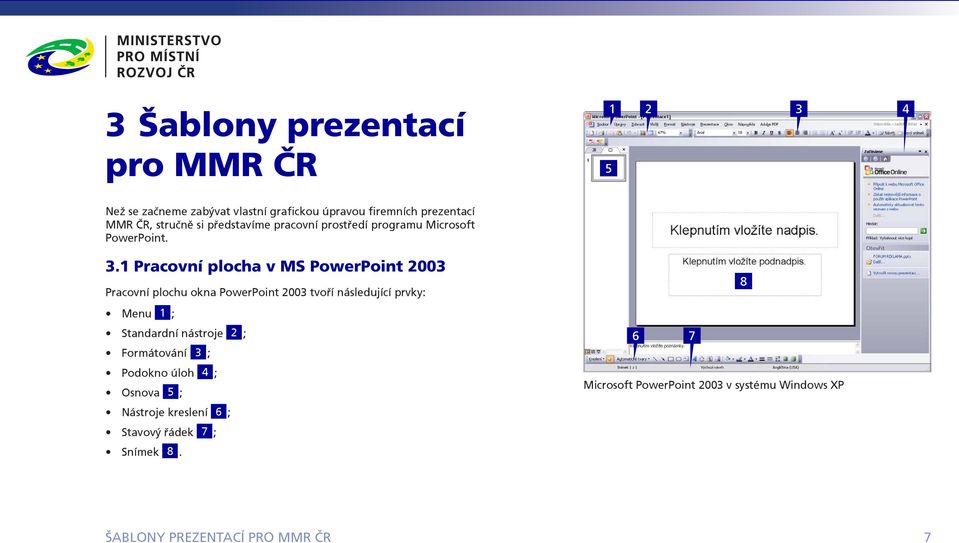 1 Pracovní plocha v MS PowerPoint 2003 Pracovní plochu okna PowerPoint 2003 tvoří následující prvky: Menu 1 ; Standardní