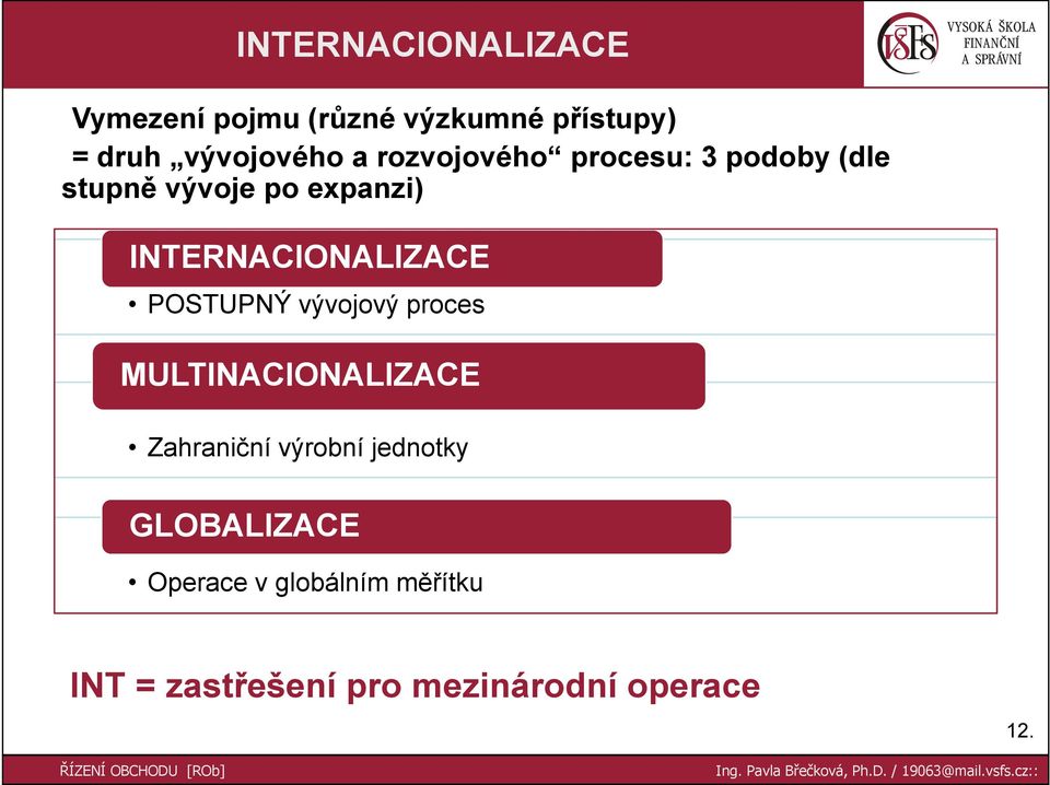 INTERNACIONALIZACE POSTUPNÝ vývojový proces MULTINACIONALIZACE Zahraniční