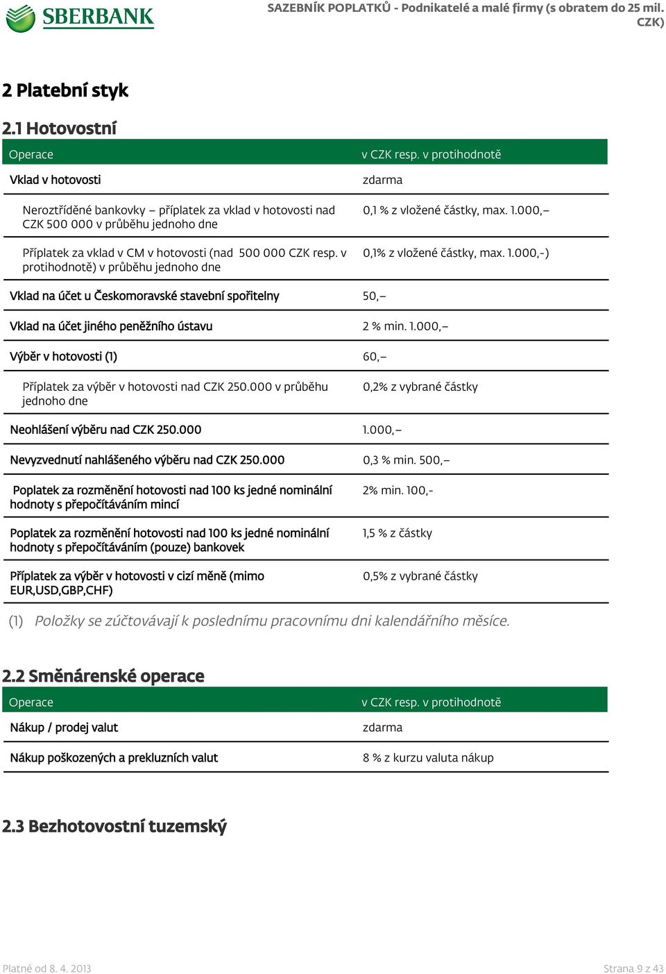 1.000, Výběr v hotovosti (1) 60, Příplatek za výběr v hotovosti nad CZK 250.000 v průběhu jednoho dne 0,2% z vybrané částky Neohlášení výběru nad CZK 250.000 1.