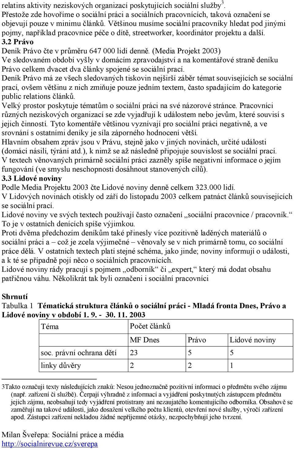 (Media Projekt 2003) Ve sledovaném období vyšly v domácím zpravodajství a na komentářové straně deníku Právo celkem dvacet dva články spojené se sociální prací.