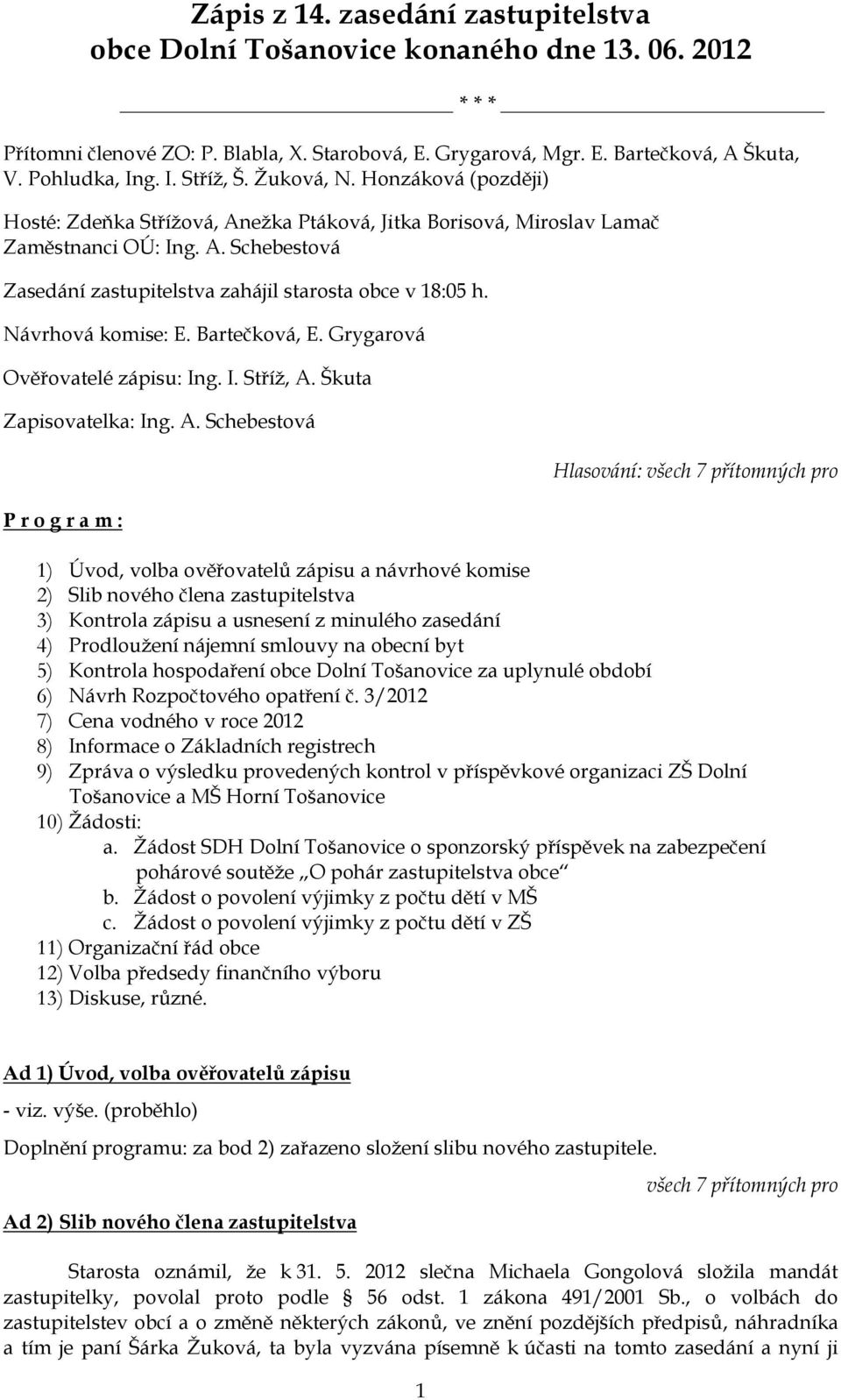Návrhová komise: E. Bartečková, E. Grygarová Ověřovatelé zápisu: Ing. I. Stříţ, A.