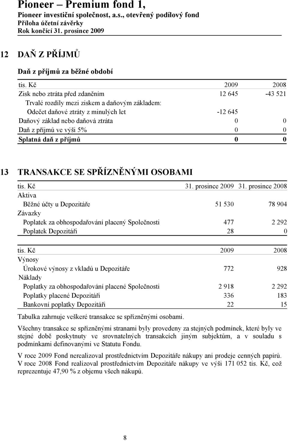 ve výši 5% 0 0 Splatná daň z příjmů 0 0 13 TRANSAKCE SE SPŘÍZNĚNÝMI OSOBAMI tis. Kč 31. prosince 2009 31.