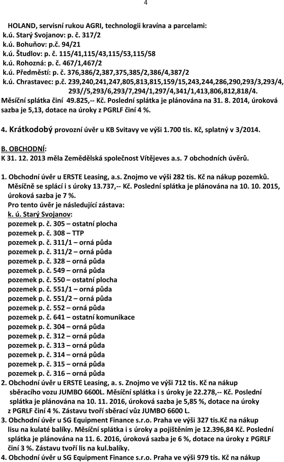 Měsíční splátka činí 49.825,-- Kč. Poslední splátka je plánována na 31. 8. 2014, úroková sazba je 5,13, dotace na úroky z PGRLF činí 4 %. 4. Krátkodobý provozní úvěr u KB Svitavy ve výši 1.700 tis.