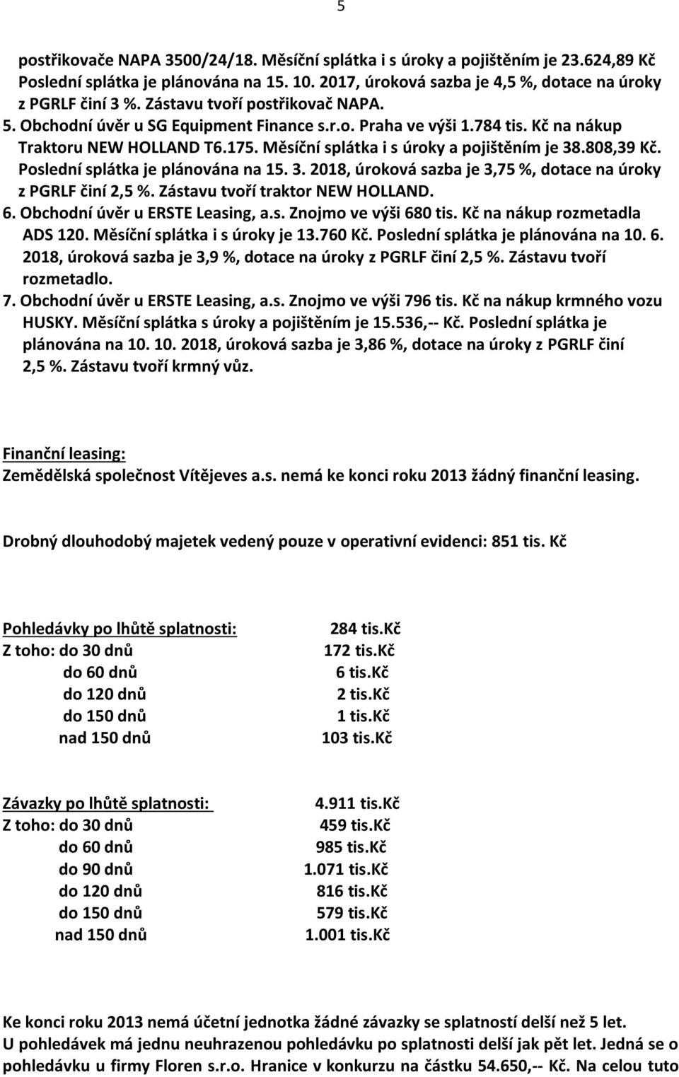 Poslední splátka je plánována na 15. 3. 2018, úroková sazba je 3,75 %, dotace na úroky z PGRLF činí 2,5 %. Zástavu tvoří traktor NEW HOLLAND. 6. Obchodní úvěr u ERSTE Leasing, a.s. Znojmo ve výši 680 tis.