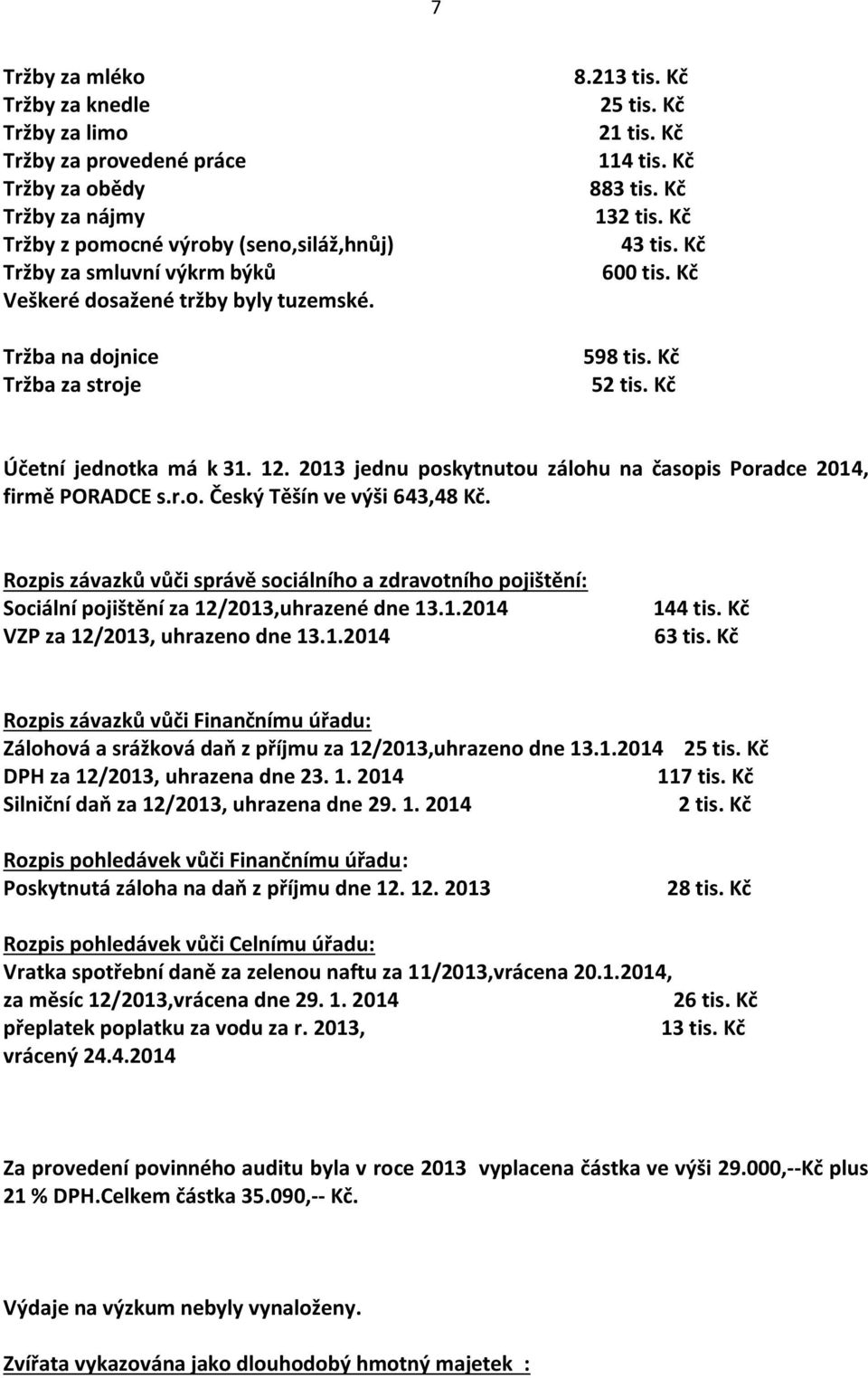 2013 jednu poskytnutou zálohu na časopis Poradce 2014, firmě PORADCE s.r.o. Český Těšín ve výši 643,48 Kč.