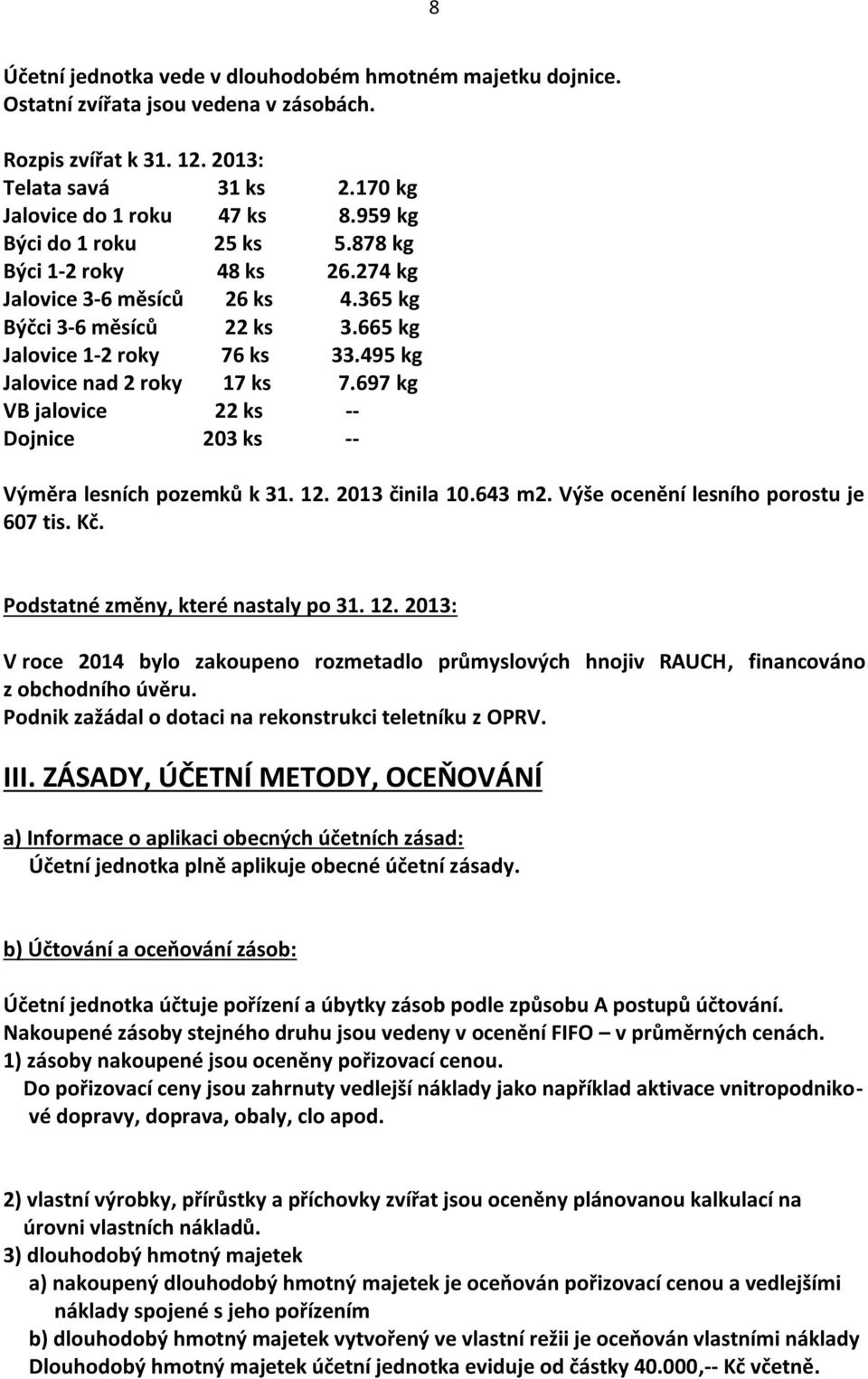 697 kg VB jalovice 22 ks -- Dojnice 203 ks -- Výměra lesních pozemků k 31. 12. 2013 činila 10.643 m2. Výše ocenění lesního porostu je 607 tis. Kč. Podstatné změny, které nastaly po 31. 12. 2013: V roce 2014 bylo zakoupeno rozmetadlo průmyslových hnojiv RAUCH, financováno z obchodního úvěru.