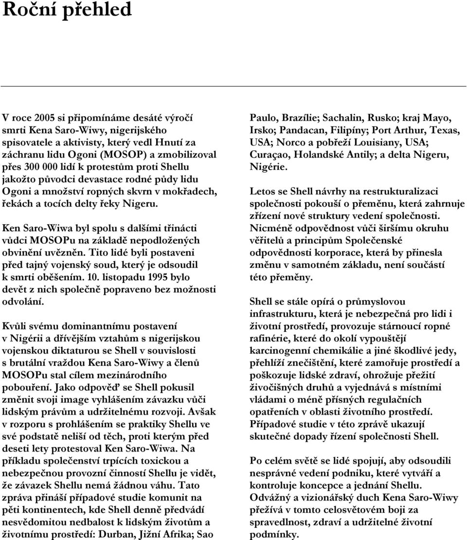 Ken Saro-Wiwa byl spolu s dalšími třinácti vůdci MOSOPu na základě nepodložených obvinění uvězněn. Tito lidé byli postaveni před tajný vojenský soud, který je odsoudil k smrti oběšením. 10.