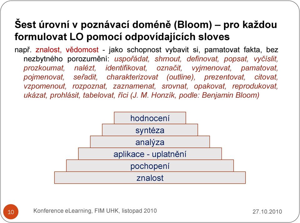 prozkoumat, nalézt, identifikovat, označit, vyjmenovat, pamatovat, pojmenovat, seřadit, charakterizovat (outline), prezentovat, citovat,