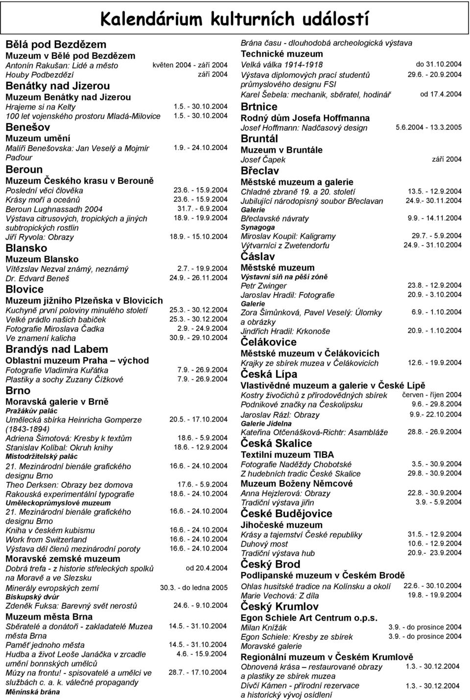 6. - 15.9.2004 Krásy moří a oceánů 23.6. - 15.9.2004 Beroun Lughnassadh 2004 31.7. - 6.9.2004 Výstava citrusových, tropických a jiných subtropických rostlin 18.9. - 19.9.2004 Jiří Ryvola: Obrazy 18.9. - 15.10.