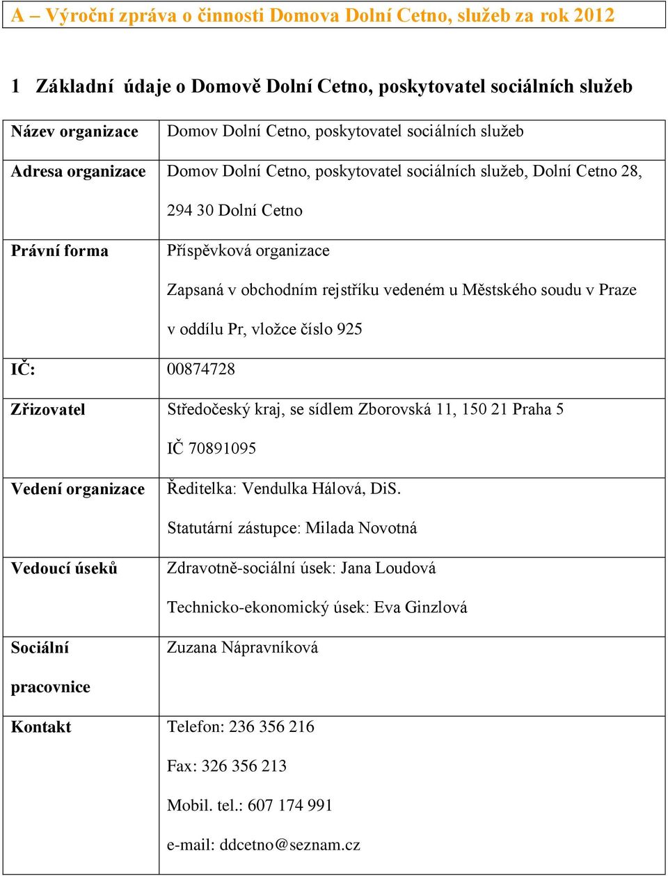 soudu v Praze v oddílu Pr, vložce číslo 925 IČ: 00874728 Zřizovatel Středočeský kraj, se sídlem Zborovská 11, 150 21 Praha 5 IČ 70891095 Vedení organizace Ředitelka: Vendulka Hálová, DiS.