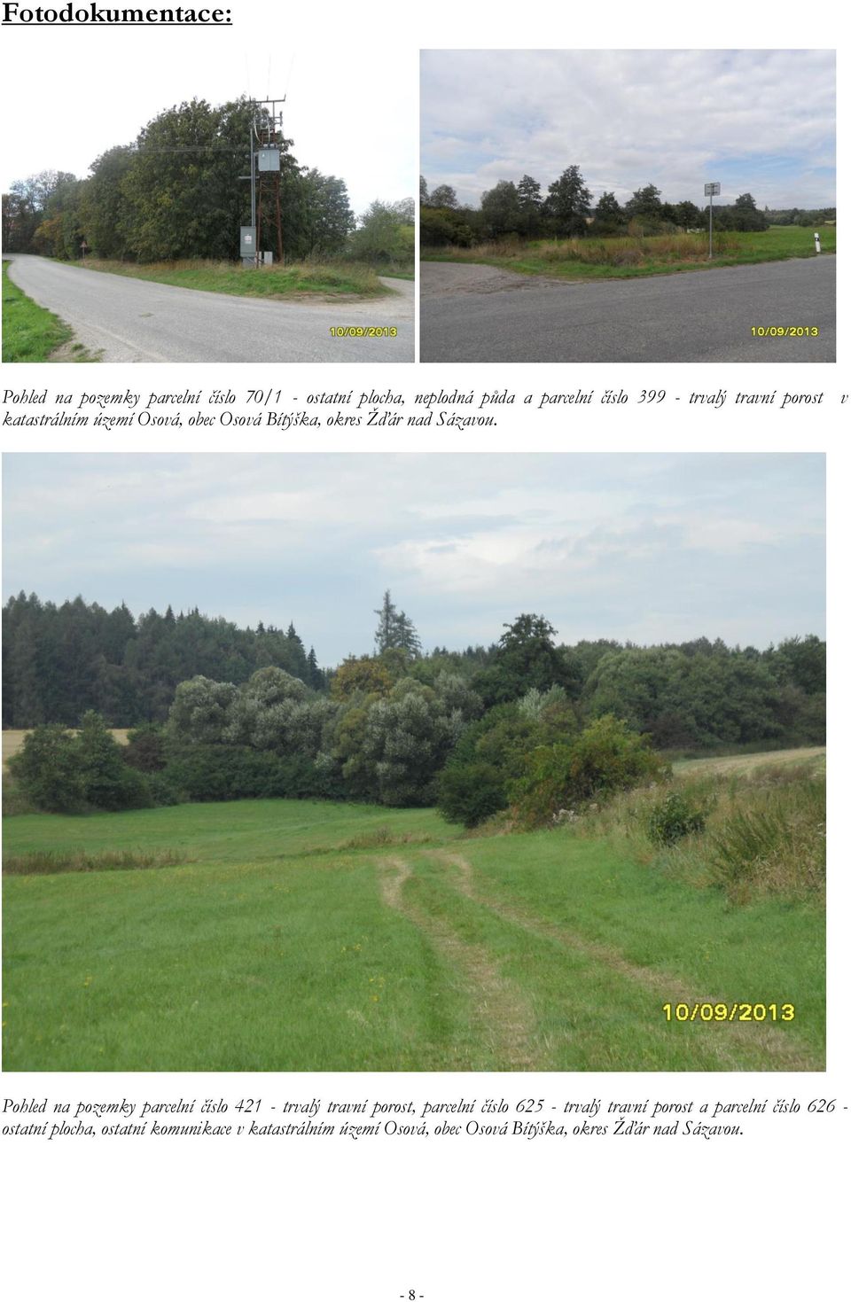 Pohled na pozemky parcelní číslo 421 - trvalý travní porost, parcelní číslo 625 - trvalý travní porost a