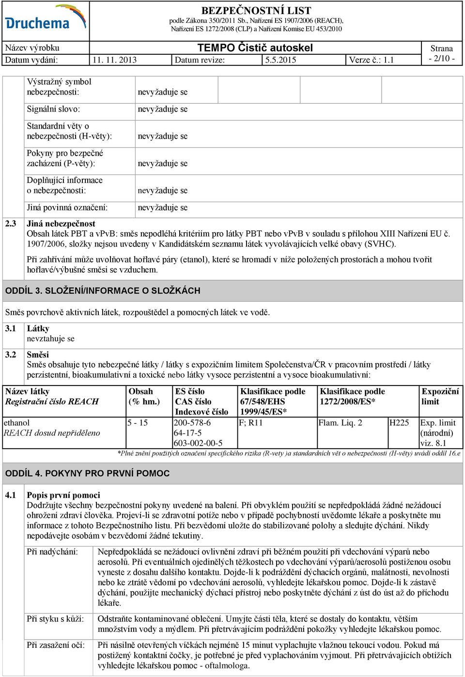 1907/2006, složky nejsou uvedeny v Kandidátském seznamu látek vyvolávajících velké obavy (SVHC).