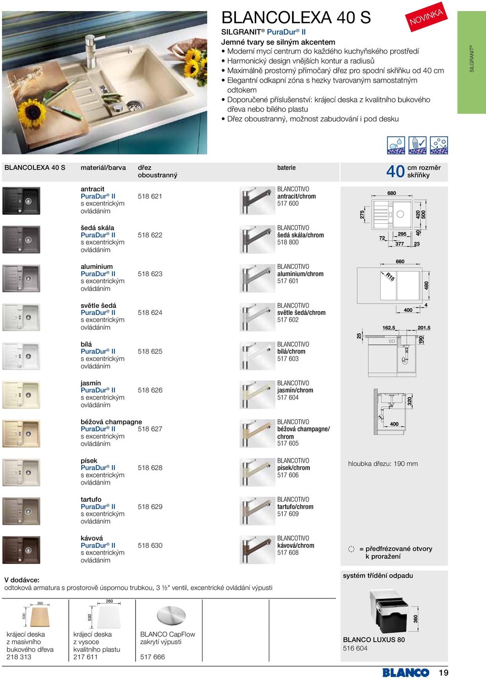 možnost zabudování i pod desku SILGRANIT BLANCOLEXA 40 S materiál/barva dřez oboustranný baterie antracit BLANCOTIVO PuraDur II 518 621 antracit/ s excentrickým ovládáním 517 600 40 skříňky šedá