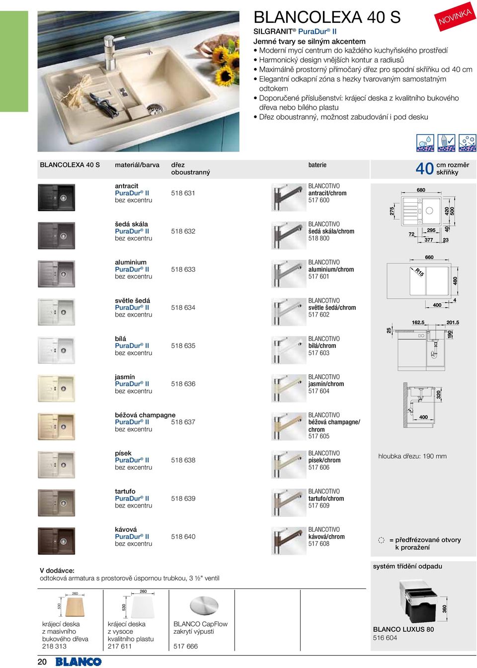 možnost zabudování i pod desku BLANCOLEXA 40 S materiál/barva dřez oboustranný baterie antracit BLANCOTIVO PuraDur II 518 631 antracit/ bez excentru 517 600 40 skříňky šedá skála BLANCOTIVO PuraDur