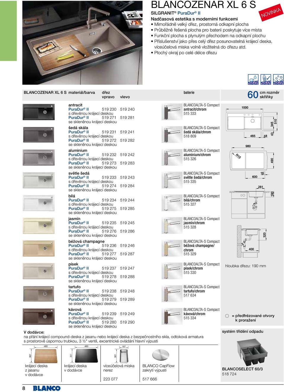 Plochý okraj po celé délce dřezu BLANCOZENAR XL 6 S materiál/barva dřez vpravo vlevo baterie antracit PuraDur II 519 230 519 240 antracit/ s dřevěnou krájecí deskou 515 333 PuraDur II 519 271 519 281