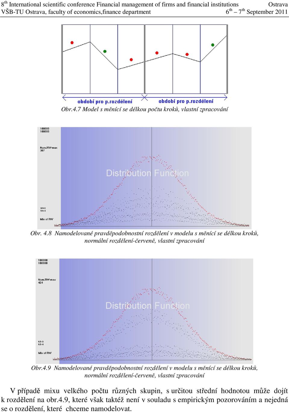 9 Namodelované pravděpodobnostní rozdělení v modelu s měnící se délkou kroků, normální rozdělení-červeně, vlastní zpracování V případě