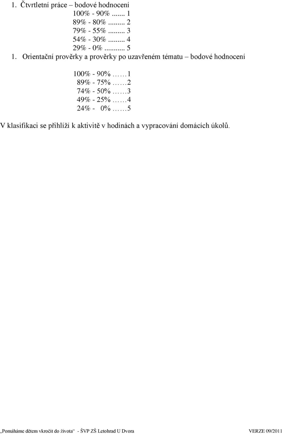 Orientační prověrky a prověrky po uzavřeném tématu bodové hodnocení 100% - 90%