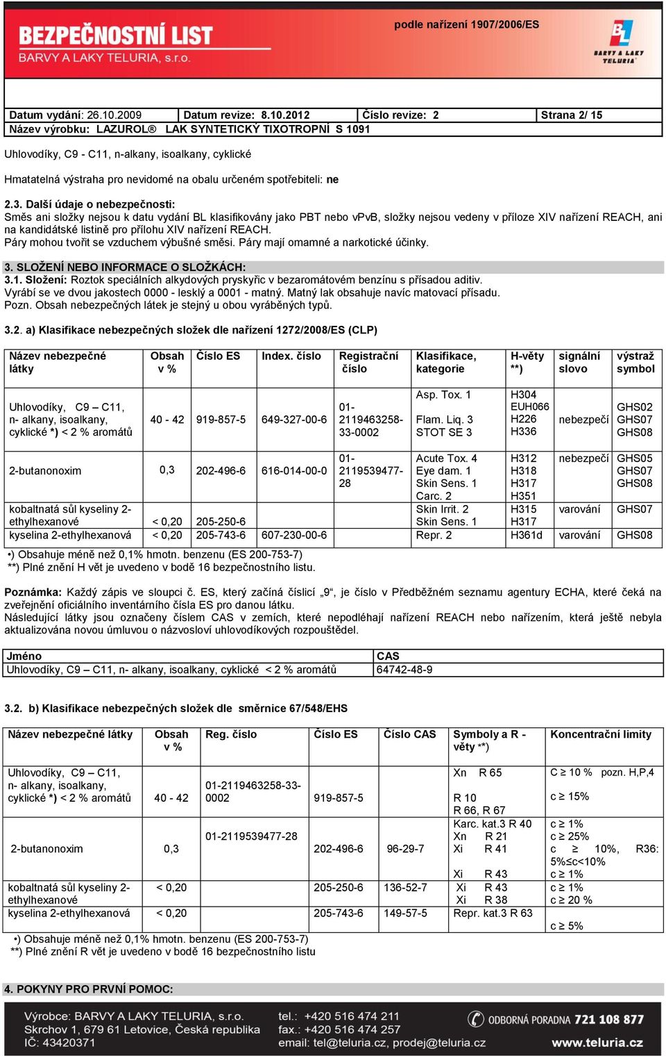 nařízení REACH. Páry mohou tvořit se vzduchem výbušné směsi. Páry mají omamné a narkotické účinky. 3. SLOŽENÍ NEBO INFORMACE O SLOŽKÁCH: 3.1.