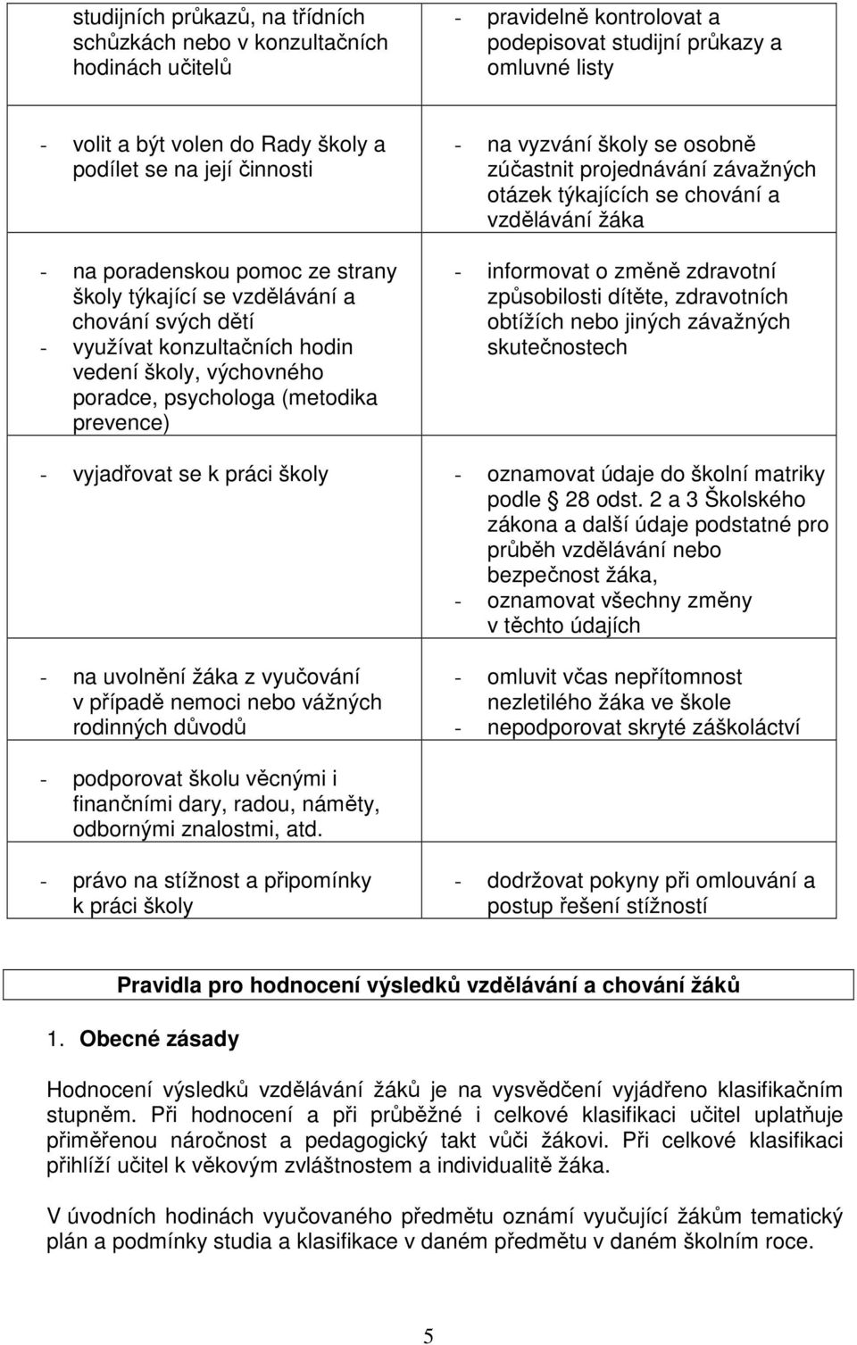 na vyzvání školy se osobně zúčastnit projednávání závažných otázek týkajících se chování a vzdělávání žáka - informovat o změně zdravotní způsobilosti dítěte, zdravotních obtížích nebo jiných