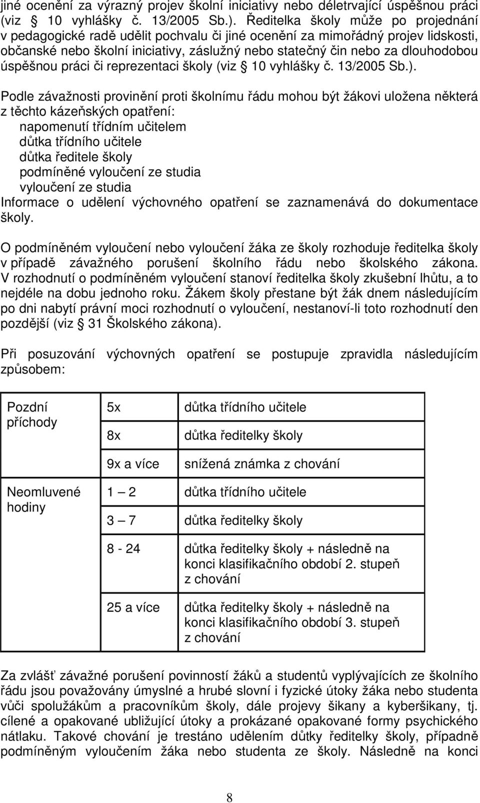úspěšnou práci či reprezentaci školy (viz 10 vyhlášky č. 13/2005 Sb.).