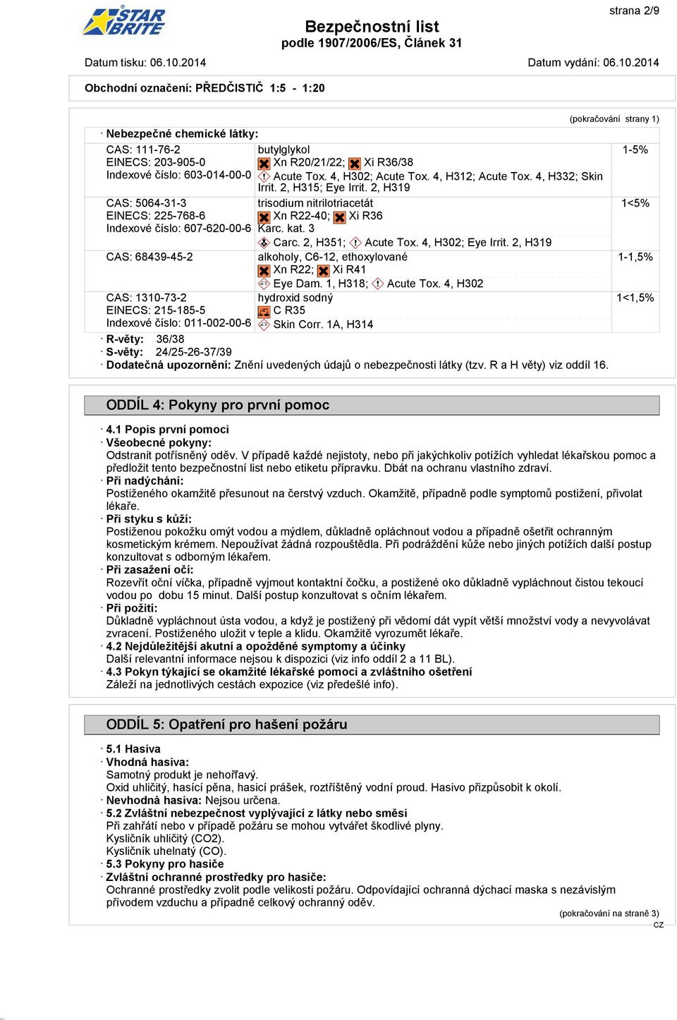 2, H319 trisodium nitrilotriacetát?@g?@g Xn R22-40;?@G?@G Xi R36 Karc. kat. 3 ~ Carc. 2, H351; ~ Acute Tox. 4, H302; Eye Irrit. 2, H319 alkoholy, C6-12, ethoxylované?@g?@g Xn R22;?@G?@G Xi R41 ~ Eye Dam.