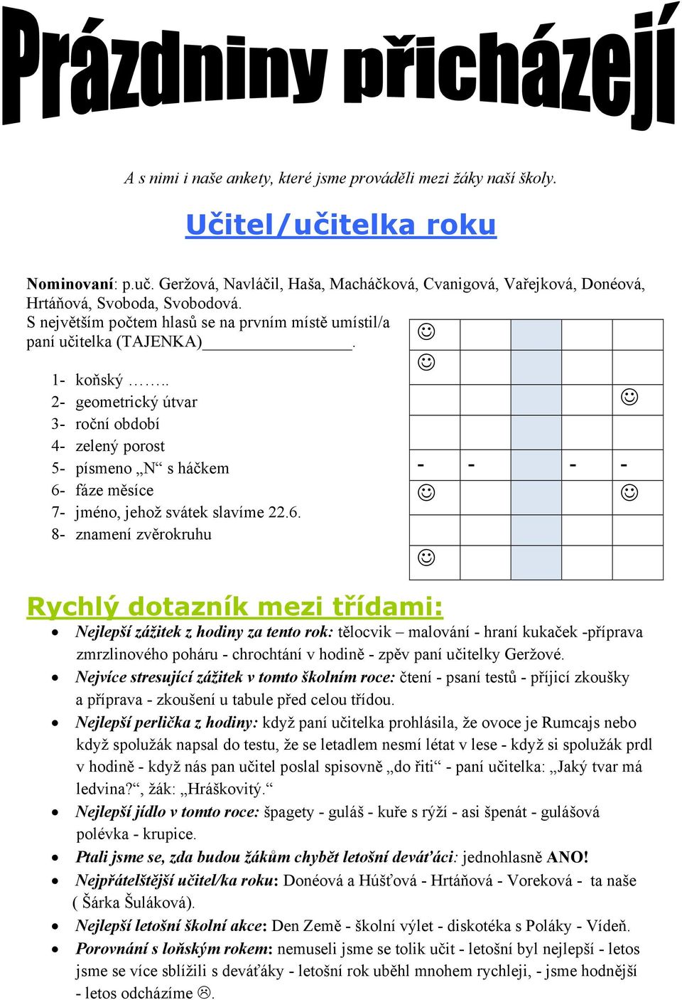 . 2- geometrický útvar 3- roční období 4- zelený porost 5- písmeno N s háčkem 6-