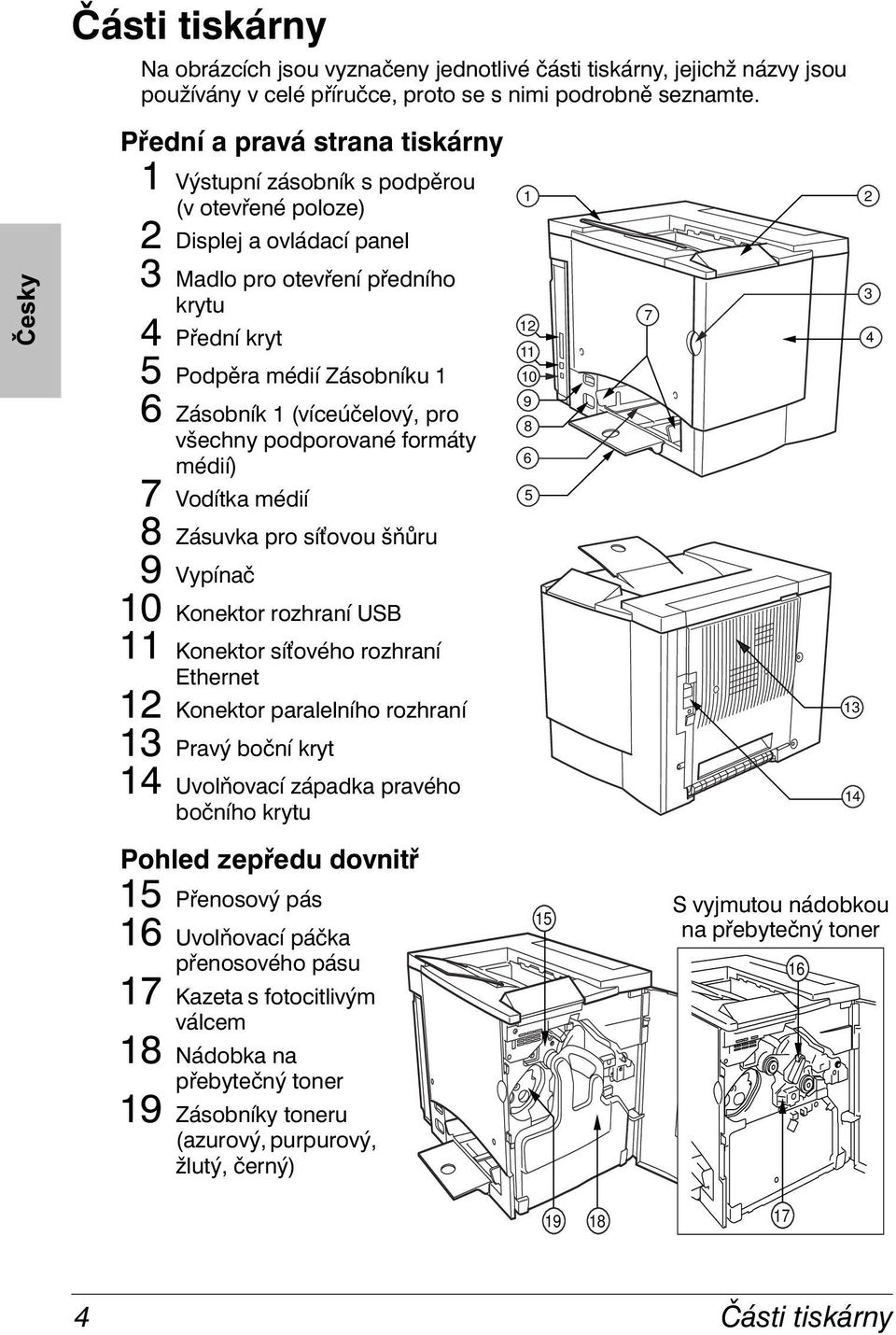 (víceúčelový, pro všechny podporované formáty médií) 7 Vodítka médií 8 Zásuvka pro sí ovou šňůru 9 Vypínač 10 Konektor rozhraní USB 11 Konektor sí ového rozhraní Ethernet 12 Konektor paralelního