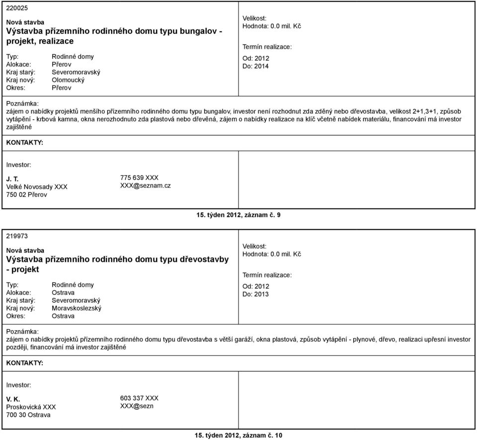 financování má investor zajištěné J. T. Velké Novosady XXX 750 02 Přerov 775 639 XXX 15. týden 2012, záznam č.