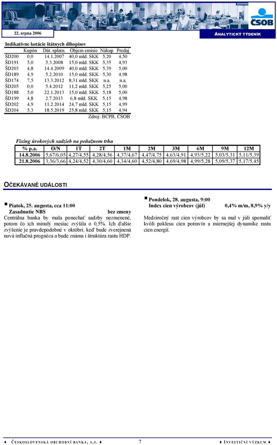 7.2013 6,8 mld. SKK 5,15 4,98 ŠD202 4,9 11.2.2014 24,7 mld. SKK 5,15 4,99 ŠD204 5,3 18.5.2019 25,8 mld. SKK 5,15 4,94 Zdroj: BCPB, ČSOB Fixing úrokových sadzieb na peňažnom trhu % p.a. O/N 1T 2T 1M 2M 3M 6M 9M 12M 14.