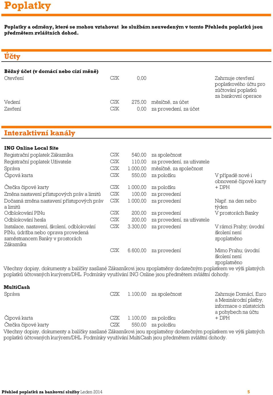provedení, za účet Interaktivní kanály ING Online Local Site Registrační poplatek Zákazníka CZK 540,00 za společnost Registrační poplatek Uživatele CZK 110,00 za provedení, za uživatele Správa CZK 1.
