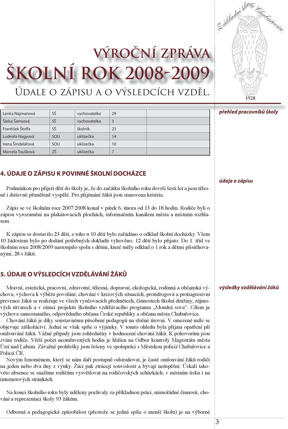 přehled pracovníků školy 4. ÚDAJE O ZÁPISU K POVINNÉ ŠKOLNÍ DOCHÁZCE Podmínkou pro přijetí dětí do školy je, že do začátku školního roku dovrší šesti let a jsou tělesně i duševně přiměřeně vyspělé.