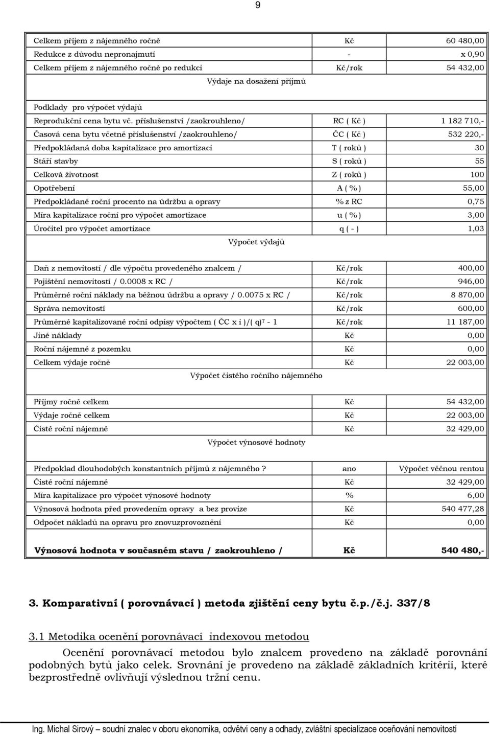 příslušenství /zaokrouhleno/ RC ( Kč ) 1 182 710,- Časová cena bytu včetně příslušenství /zaokrouhleno/ ČC ( Kč ) 532 220,- Předpokládaná doba kapitalizace pro amortizaci T ( roků ) 30 Stáří stavby S