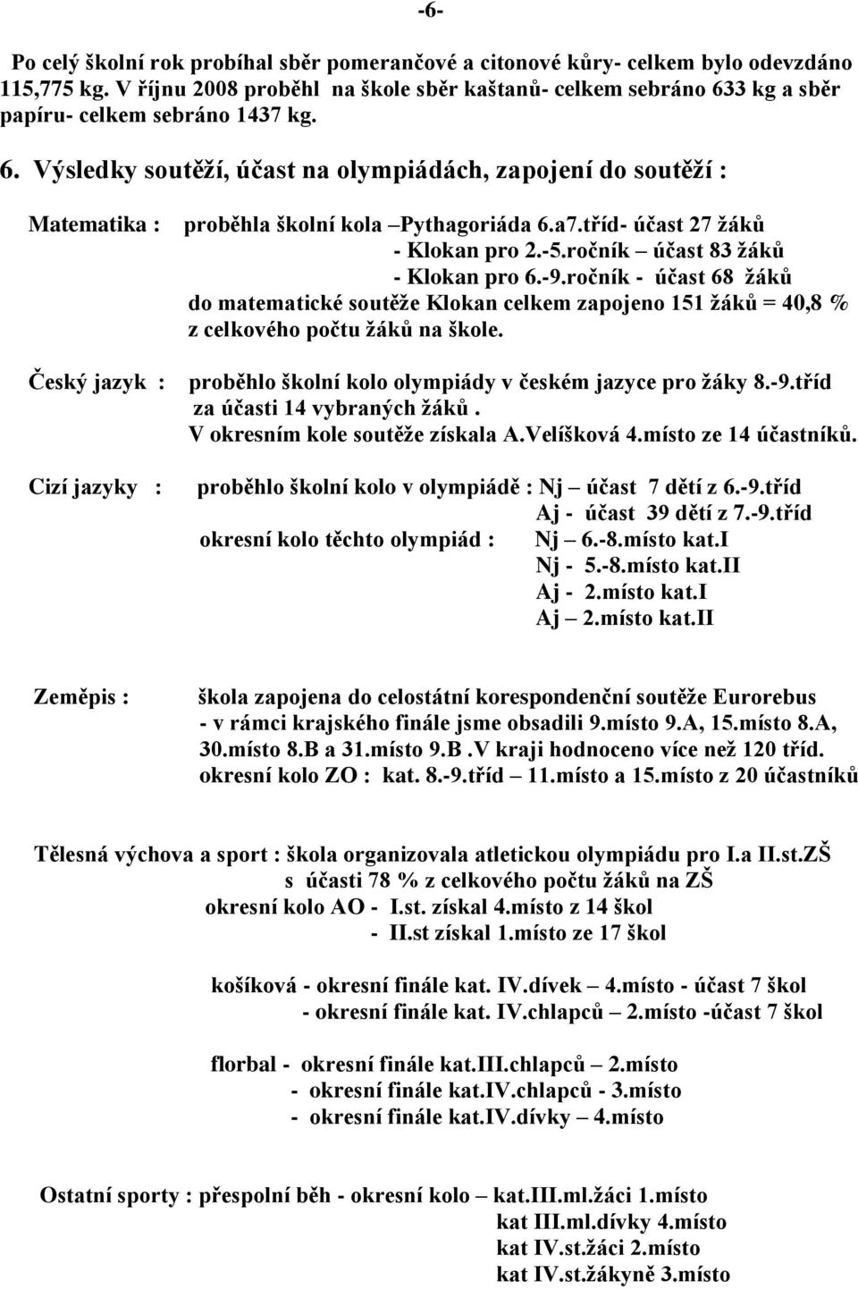 3 kg a sběr papíru- celkem sebráno 1437 kg. 6. Výsledky soutěţí, účast na olympiádách, zapojení do soutěţí : Matematika : Český jazyk : Cizí jazyky : proběhla školní kola Pythagoriáda 6.a7.