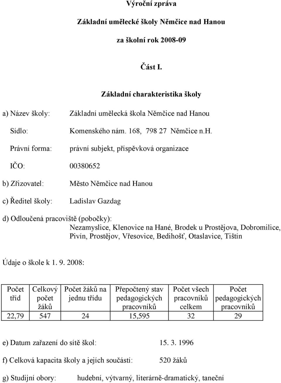 rakteristika školy a) Název školy: Základní umělecká škola Němčice nad Hanou Sídlo: Právní forma: Komenského