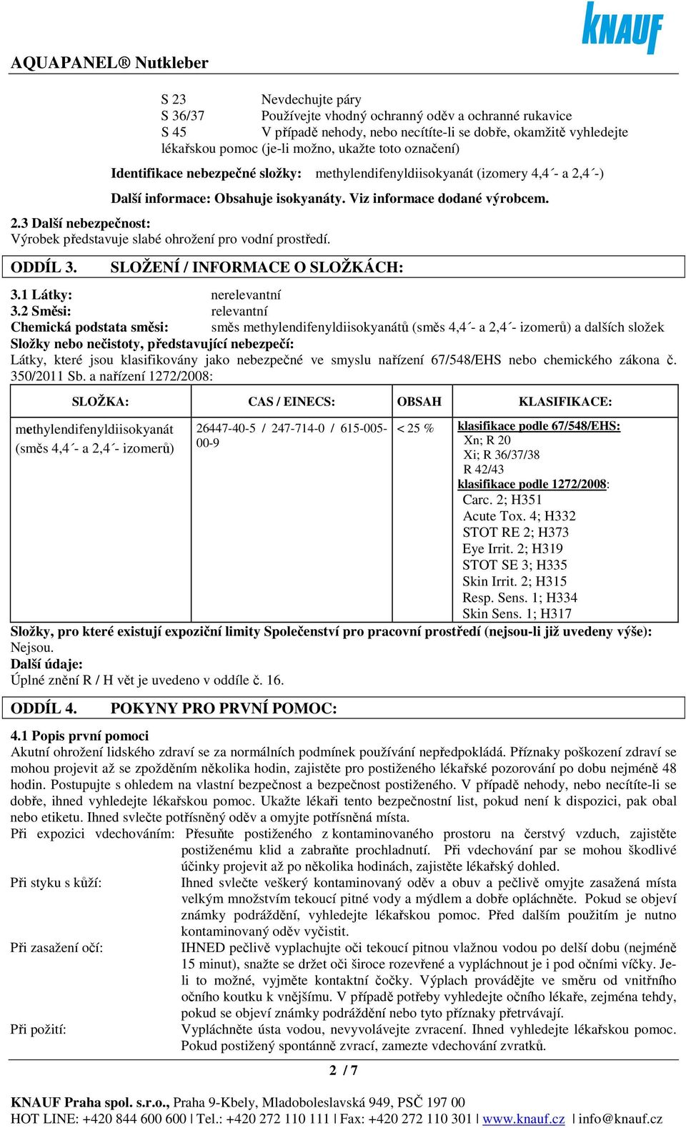 ODDÍL 3. SLOŽENÍ / INFORMACE O SLOŽKÁCH: 3.1 Látky: nerelevantní 3.