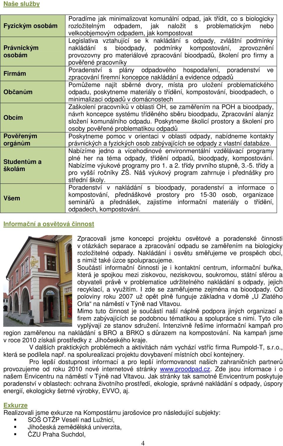 zprovoznění provozovny pro materiálové zpracování bioodpadů, školení pro firmy a pověřené pracovníky Poradenství s plány odpadového hospodaření, poradenství ve zpracování firemní koncepce nakládání a