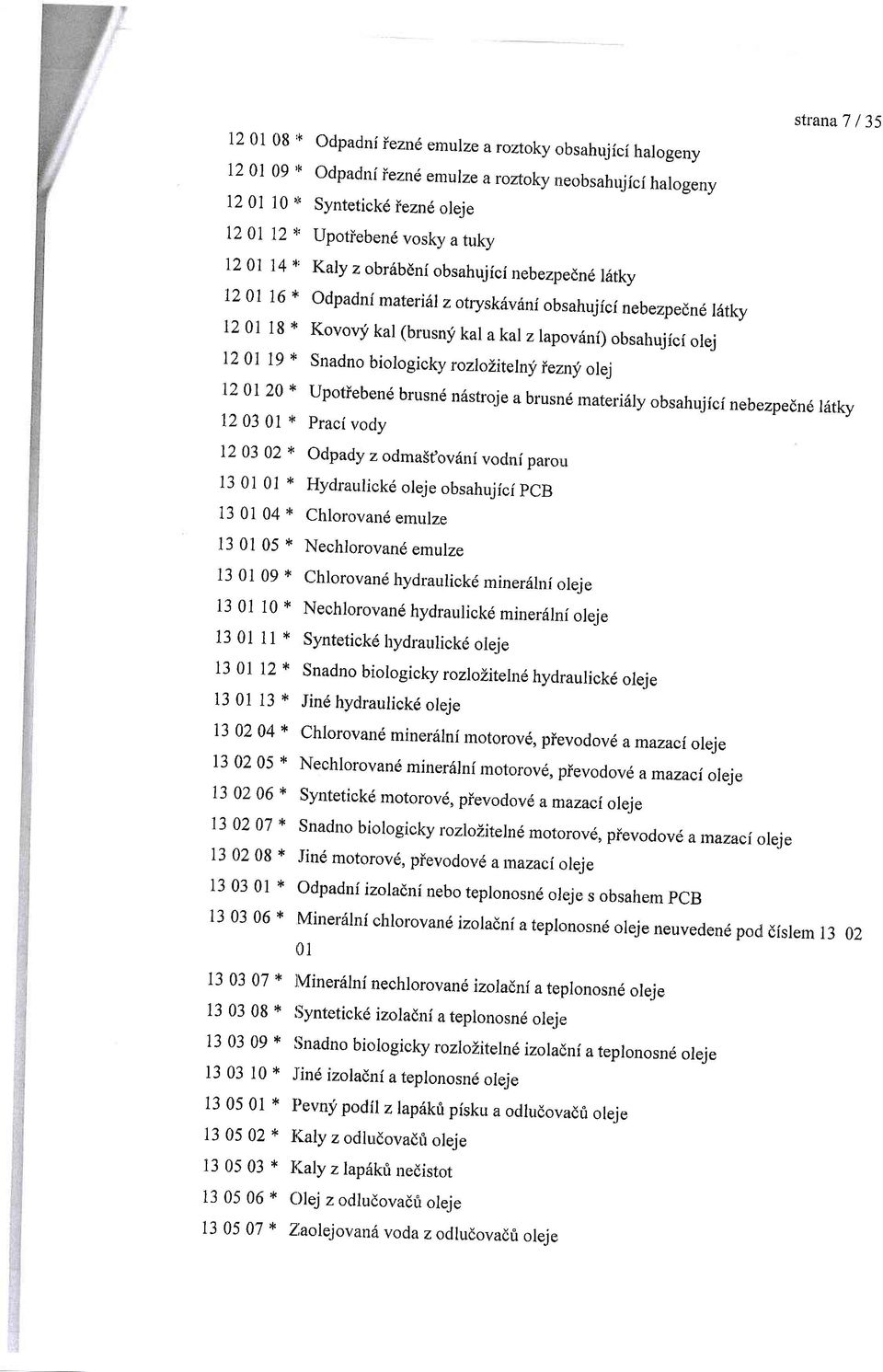 r6tky 12 01 1g * Kovoqi kal (brusnj kal a kal z rapov'ni) obsahujici olej 12 01 19 * Snadno biologicky rczlolitelny iezny olej 12 0l 20 * upotiebend brusnd n6stroje a brusnd rnateri6ly obsahujici