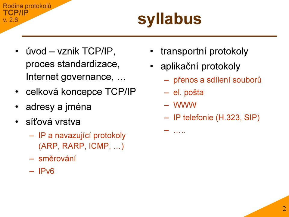 protokoly (ARP, RARP, ICMP, ) směrování IPv6 transportní protokoly