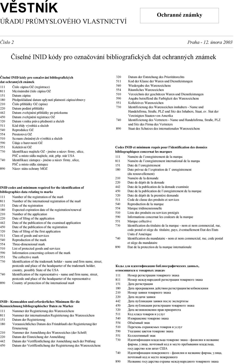 554 510 590 551 730 740 890 Číslo zápisu OZ (registrace) Mezinárodní číslo zápisu OZ Datum zápisu Předpokládané datum uplynutí platnosti zápisu/obnovy Číslo přihlášky OZ (spisu) Datum podání